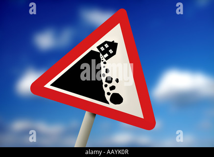 Sign showing house falling off the edge of a cliff Stock Photo