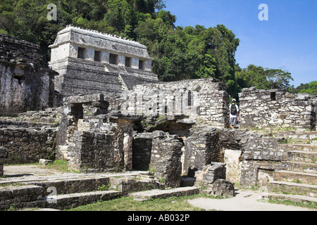 Temple of the Inscriptions from El Palacio, The Palace, Palenque Archaeological Site, Palenque, Chiapas, Mexico Stock Photo
