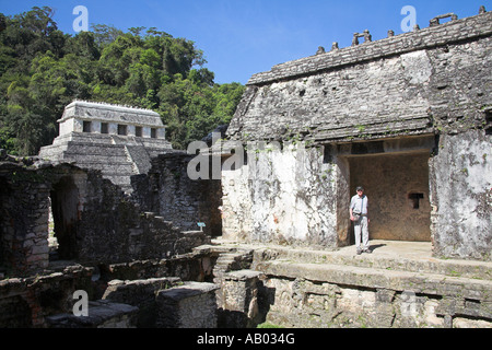Temple of the Inscriptions from El Palacio, The Palace, Palenque Archaeological Site, Palenque, Chiapas, Mexico Stock Photo