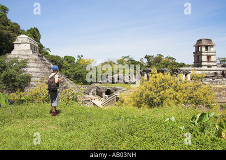 Temple of the Inscriptions and The Palace, Palenque Archaeological Site, Palenque, Chiapas State, Mexico Stock Photo