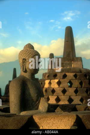 Stone Buddha at the Borobudur Buddhist complex on the island of Java in Indonesia Southeast Asia Stock Photo