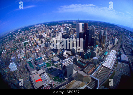 Fish eye aerial view of downtown Toronto Ontario Canada during the day as taken from the CN Tower Stock Photo