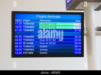 Flight Arrivals electronic notice board at a small UK Airport Stock Photo