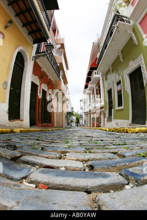 San Juan Peurto Rico blue cobbled street Stock Photo