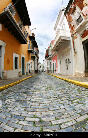 San Juan Peurto Rico blue cobbled street Stock Photo