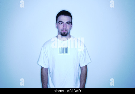Man with barcode label on shirt Stock Photo