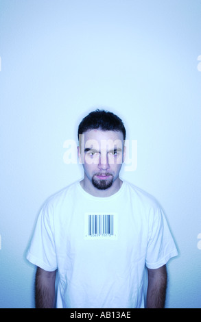 Man with barcode label on shirt Stock Photo