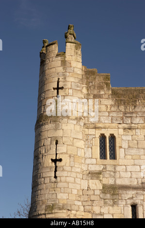 GARGOYLES ON TURRET OF MONK BAR CITY WALL YORK ENGLAND Stock Photo