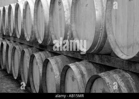 French oak barriques or casks used to mature Chainti. Wine Barrels in Tuscany Italy. Italian oak, cellar, winery, cask, vineyard, containers. Stock Photo