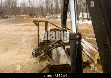 View from the loader cab slashing logs to length Stock Photo