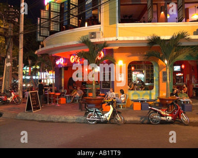 Go2 bar and restaurant illuminated at night Pham Ngu Lao district Ho Chi Minh City Vietnam Stock Photo