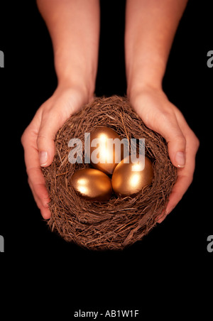 WOMAN HOLDING BIRD NEST CONTAINING THREE GOLD EGGS IN CUPPED HANDS Stock Photo