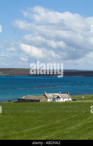 dh Ore bay HOY ORKNEY White cottage overlooking Fish farm cages house scotland houses by the sea uk aquaculture fishfarm rural blue sky Stock Photo