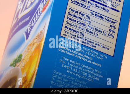 Equal Brand Sweetner (Aspartame) Label showing the 'contains phenylalanine' warning Stock Photo