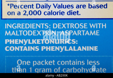 Equal Brand Sweetner (Aspartame) Label showing the 'contains phenylalanine' warning Stock Photo