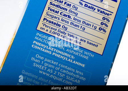 Equal Brand Sweetner (Aspartame) Label showing the 