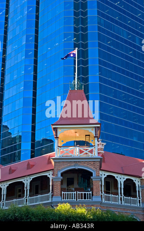 An Old Building in Front of a Brand New Building in Perth, Western Australia Stock Photo