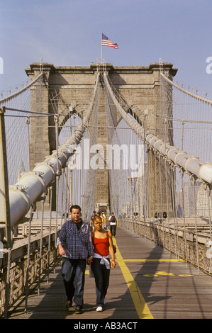 Brooklyn bridge NYC New York City USA America suspension cables flag bricks mortar unique Stock Photo