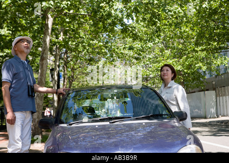 Senior couple standing next to car Stock Photo