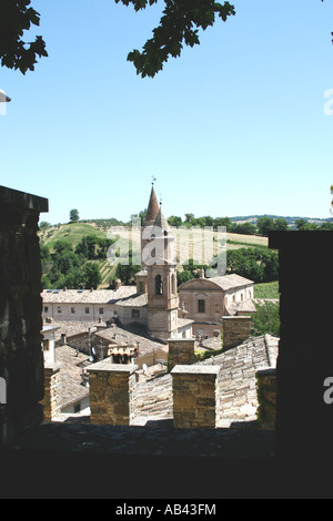 View of the bell tower in Caldarola from Pallota Castle .Le Marche Itlay