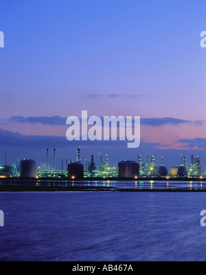 Petrochemical refinery on Seal Sands, seen over the Tees estuary at night, Teesside, England, UK. Stock Photo