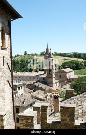 View of the bell tower in Caldarola from Pallota Castle .Le Marche Itlay