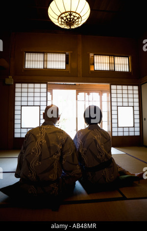 Senior couple wearing yukata rear view Stock Photo