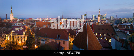A 2 picture stitch panoramic view over the rooftops of Tallinn Old Town from the Toompea viewing platform at dusk. Stock Photo