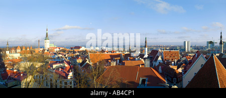 A 2 picture stitch panoramic view over the rooftops of Tallinn Old Town from the Toompea viewing platform. Stock Photo