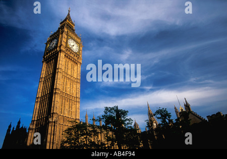 Big Ben clock Houses of Parliament Westminster London in evening summer sunshine England Great Britain United Kingdom UK GB