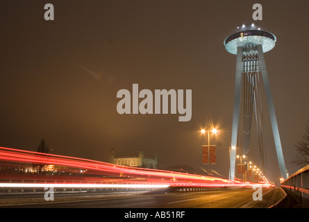 Novy Most New Bridge Bratislava built 1972 with it s restaurant sitting 80m above the Danube River at night Stock Photo