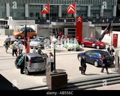 Canary Wharf outdoor Motor Show style exhibition of latest car models displayed by brand dealers amongst the office blocks Stock Photo