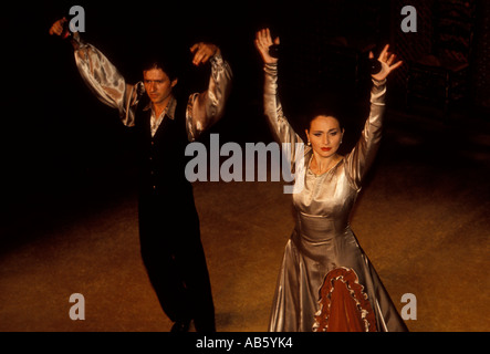 adult woman, adult man, couple, flamenco dancers, El Patio Sevillano, Seville, Seville Province, Spain Stock Photo