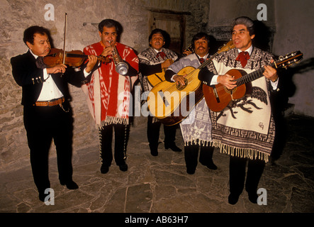 Mexican-American men, playing guitars, guitar players, guitarists, mariachi band, band members, San Antonio, Texas, United States, North America Stock Photo