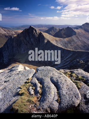 Cir Mhor viewed from Castail Abhail with Holy Island beyond Goatfell, Arran. Stock Photo