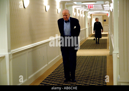 walking down corridor in Old peoples private residential home. Stock Photo
