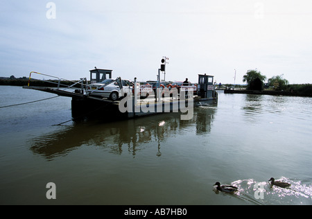 Reedham chain ferry crossing the river Yare, Norfolk, UK. Stock Photo