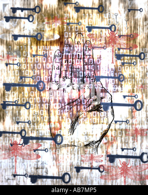 Hand with keys collage, business secrets. Unlocking Mysteries. Stock Photo
