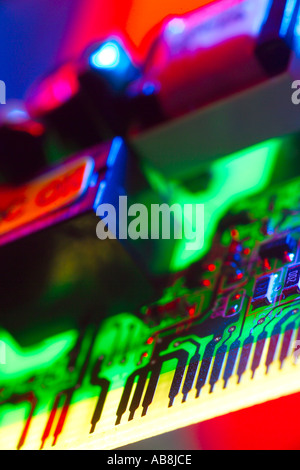 Colourful close-up of computer printed circuit board with components Stock Photo