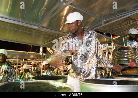 West Indies Trinidad Carnival Port of Spain Dimanche Gras Steel Pan Band competition on main stage Queens Park Savannah Stock Photo