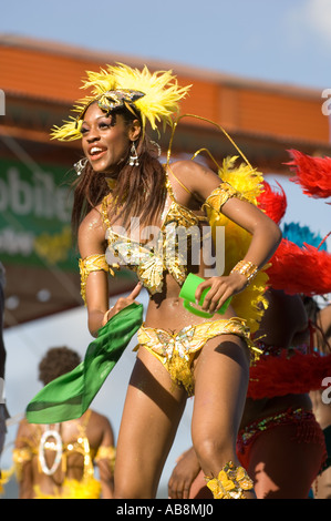 West Indies Port of Spain Trinidad Tobago Carnival 2006 Portrait of celebrating dancers on main stage in colorful costume. Stock Photo