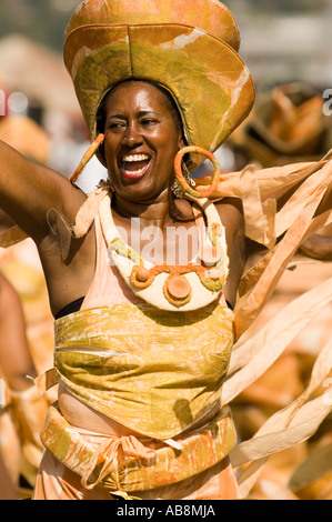 West Indies Port of Spain Trinidad Tobago Carnival 2006 Portrait of celebrating dancer on main stage in colorful costumes. Stock Photo