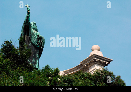 Statue of Szt Gellert, the first Hungarian bishop, and the master of the first Hungarian king, St Stephen located on Gellert Hill in Budapest Hungary Stock Photo