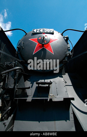 Front view of an old steam train engine in Vasuttorteneti Rail museum in Budapest Hungary Stock Photo