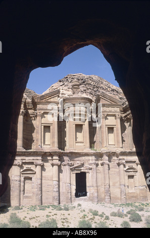 ancient Ptra, temple front, seen through rock bow, Jordan, Ptra. Stock Photo