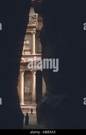 monumental temple porch, seen through crevice, Jordan, Ptra. Stock Photo