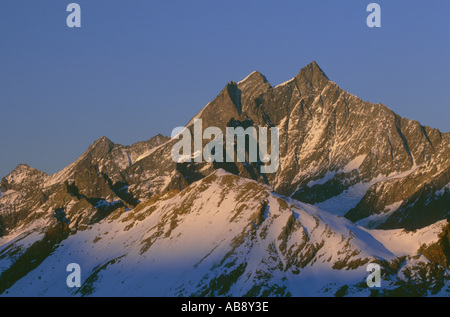 Dom, Dom de Mischabel (4545 m) left and Taeschhorn (4490 m) right, view from Southwest on the Mischabel Group in evening light, Stock Photo