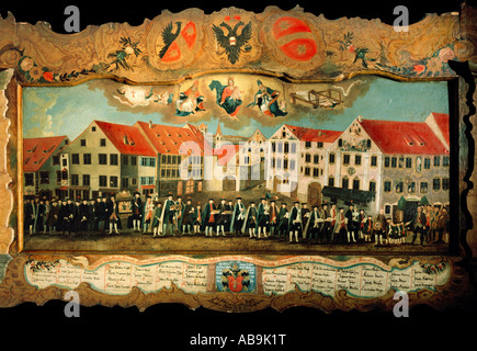 handcraft, guilds, procession of the catholic weavers to their new hospice 'Drei Rosen', Kaufbeuren, 1747, painting, oil on wood, 1784, Museum Kaufbeuren,   , Stock Photo