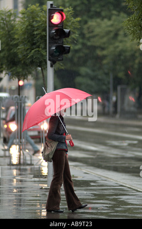 Young Woman with a Red Umbrella on a Wet City Street on a Rainy Day Stock Photo