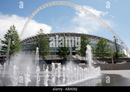 Wembley Stadium with fountain in foreground, North west London, England. As seen from outside Wembley Arena Stock Photo